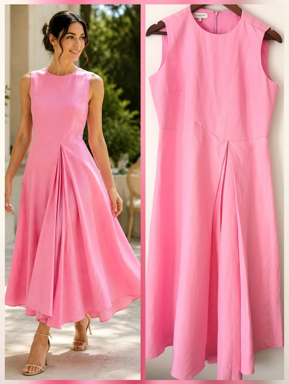 Lafayette 148 New York Madder Pink Pleated SILK Linen Dress Women's Size 6